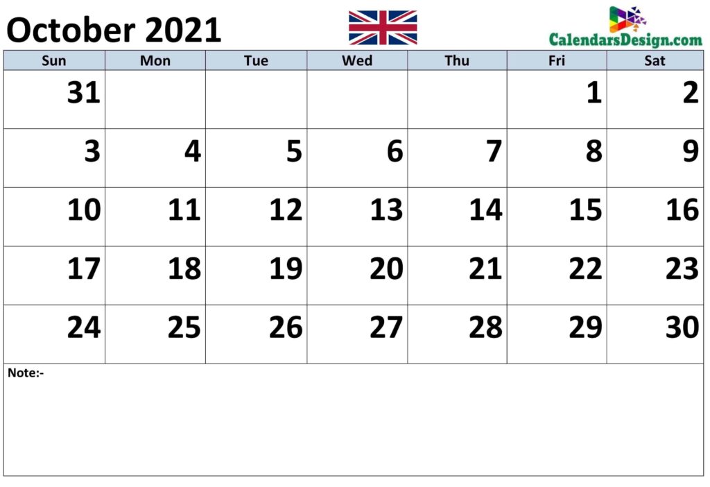 UK October 2021 calendar