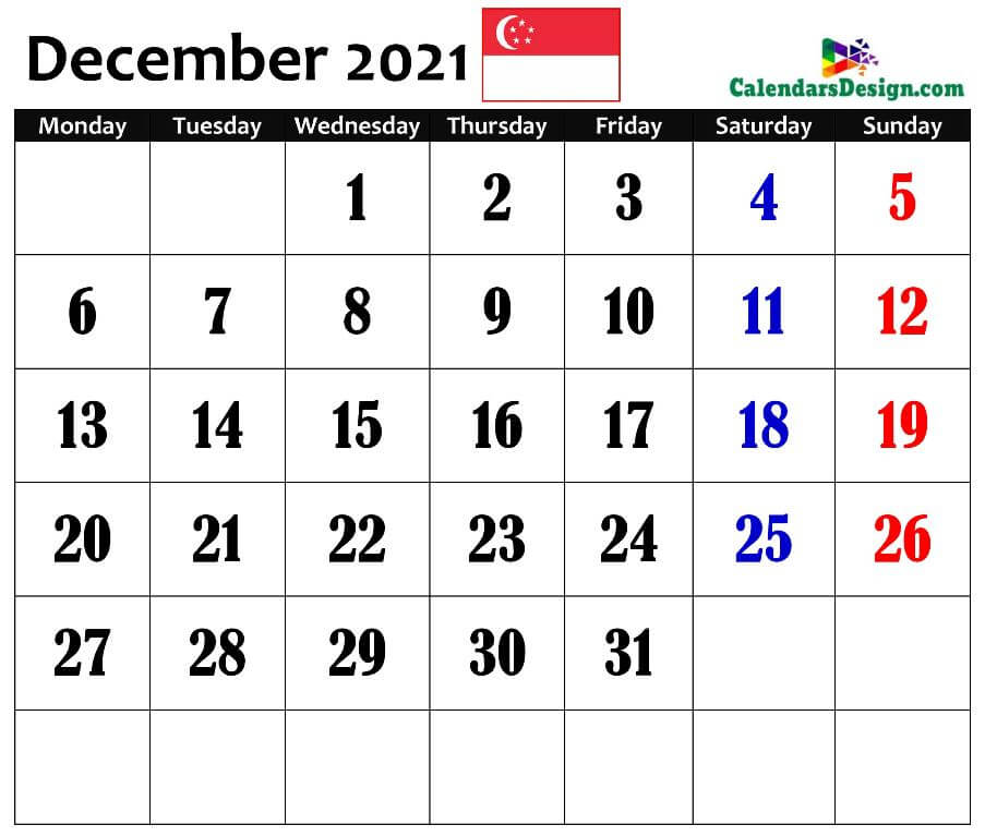 2021 December Singapore Calendar