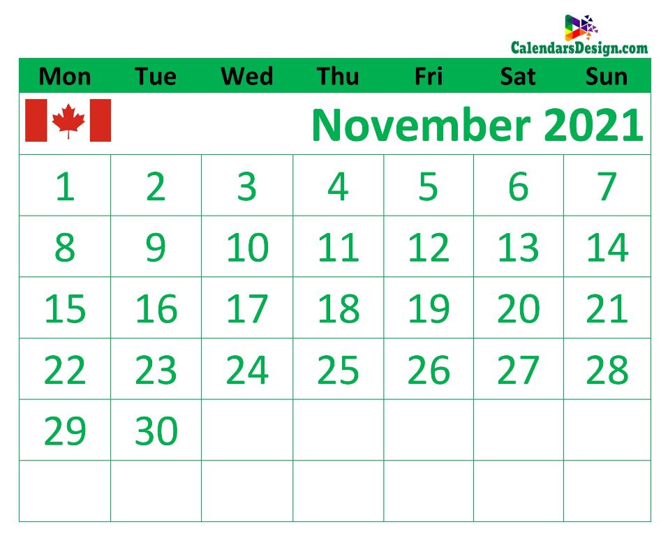 2021 November Calendar Canada