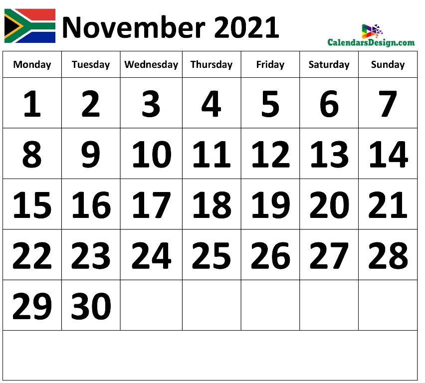 2021 November Calendar South Africa