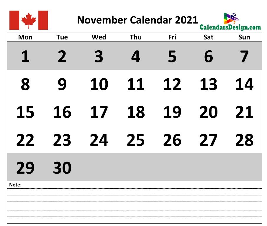 2021 November Canada Calendar