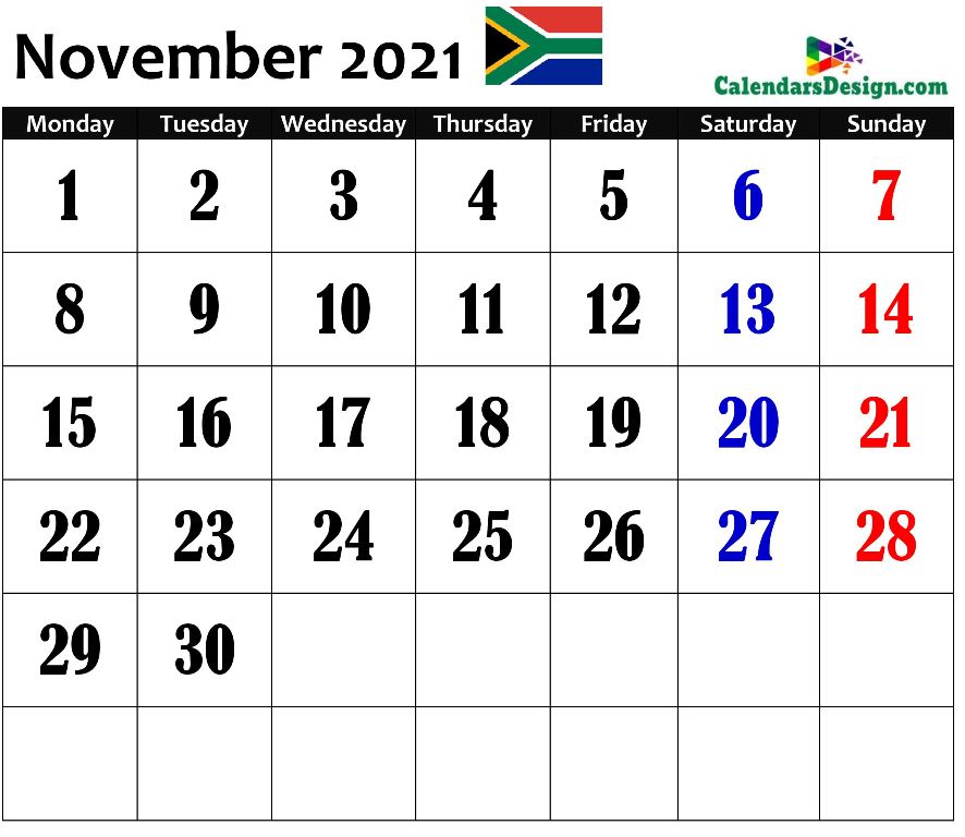2021 November South Africa Calendar