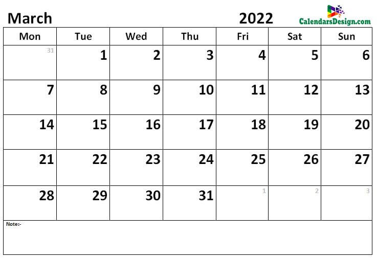2022 March Calendar