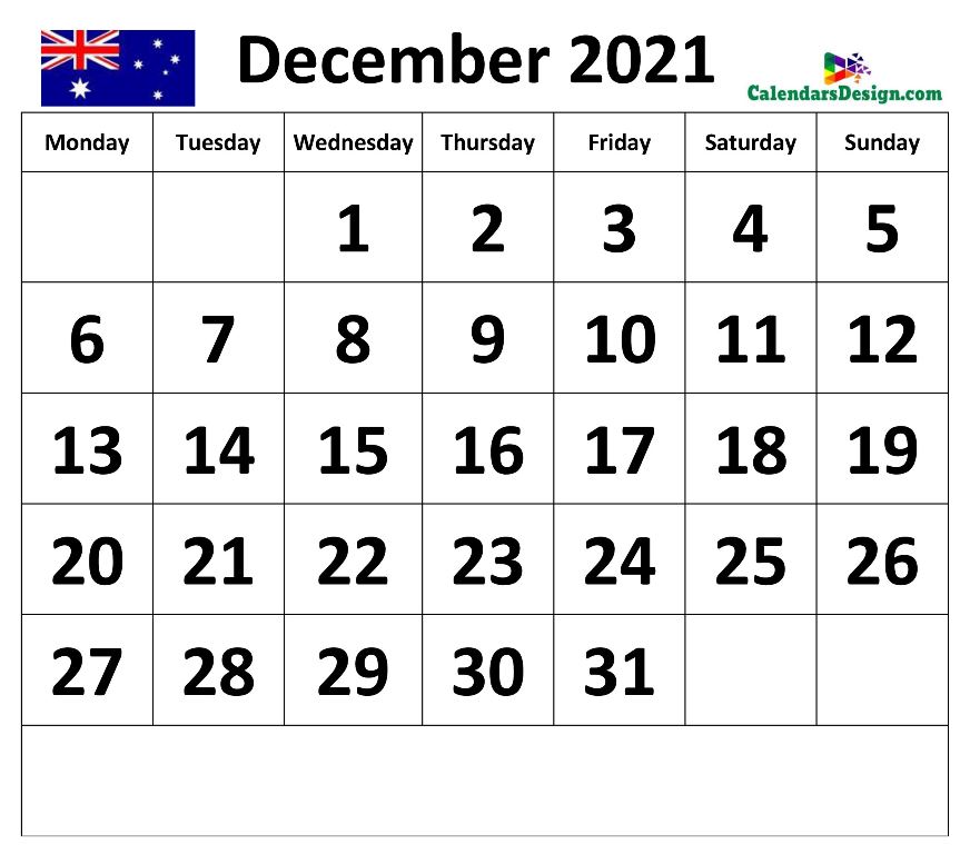 Calendar for December 2021 Australia