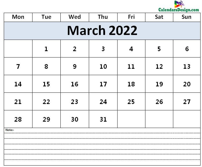 Calendar for March 2022