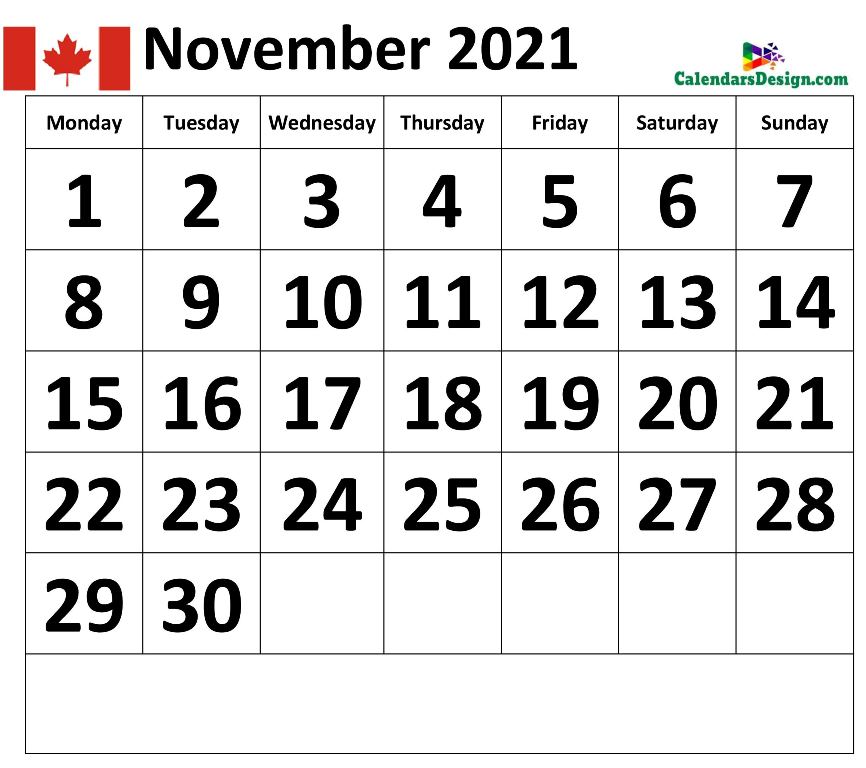 Calendar for November 2021 Canada