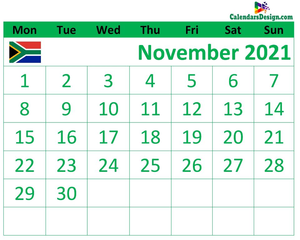 Calendar for November 2021 South Africa