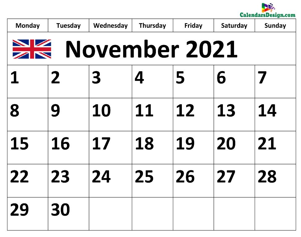 Calendar for November 2021 UK