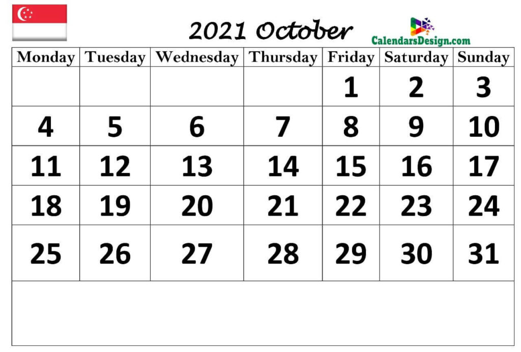 Calendar for October 2021 Singapore