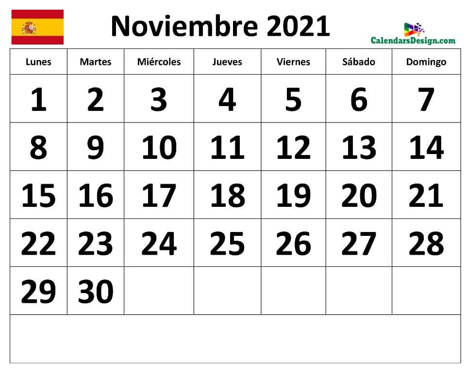 Calendario mensual de Excel de noviembre de 2021