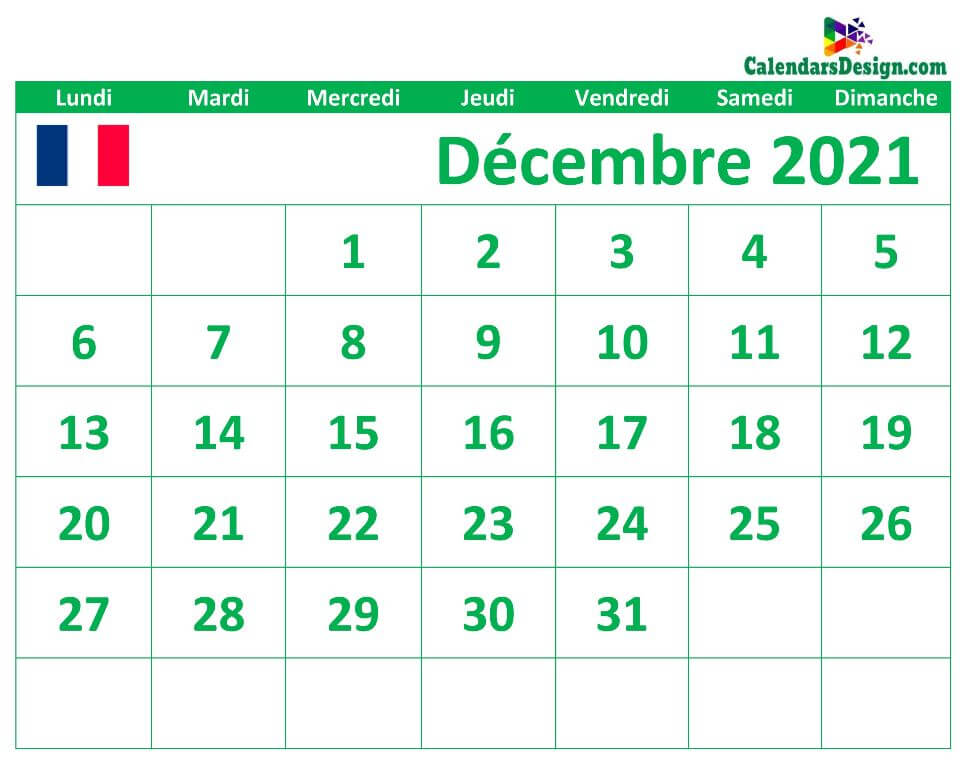 Calendrier de décembre 2021 imprimable en français