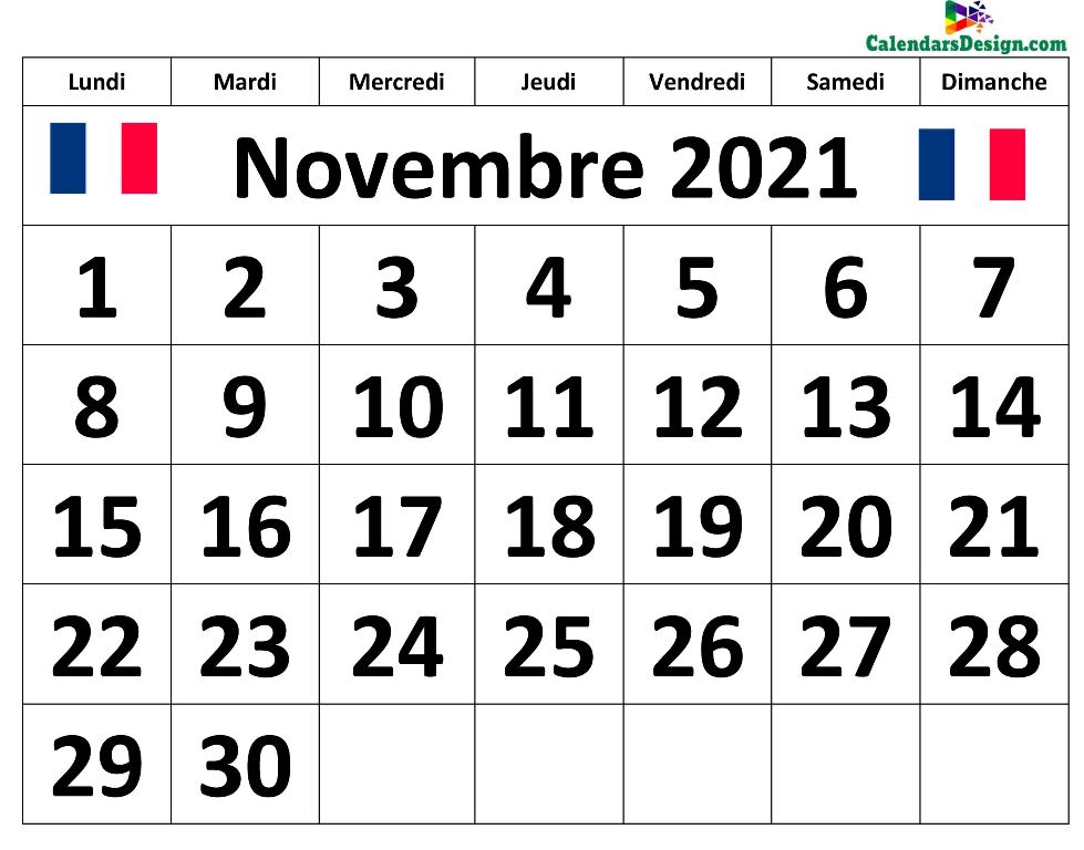 Calendrier français pour novembre 2021