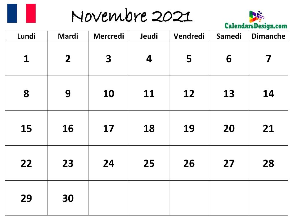 Calendrier novembre 2021 Français