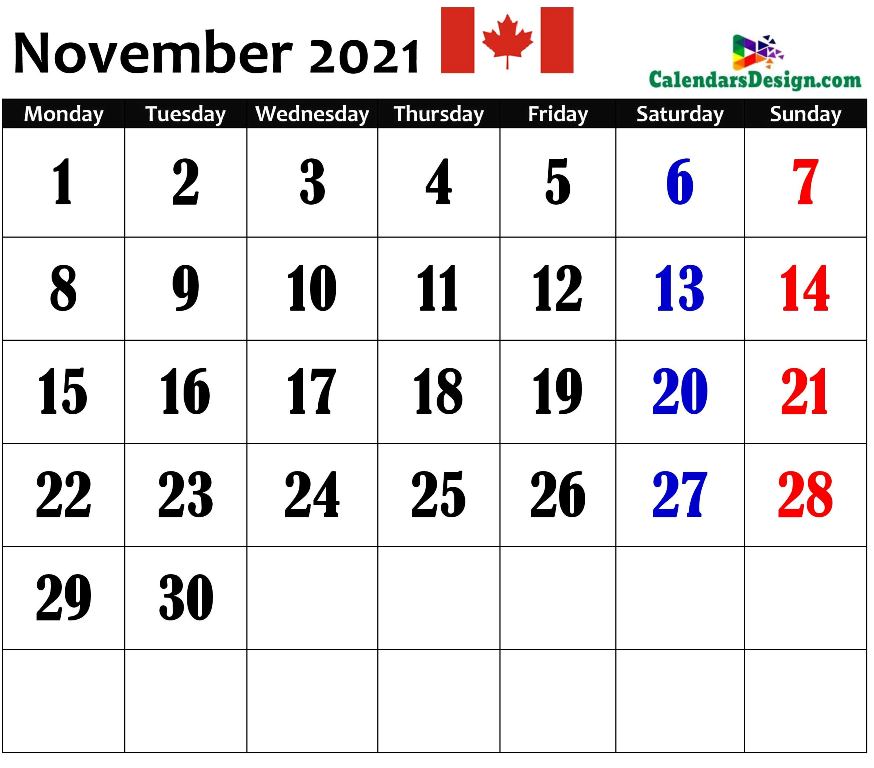 Canada November 2021 Calendar