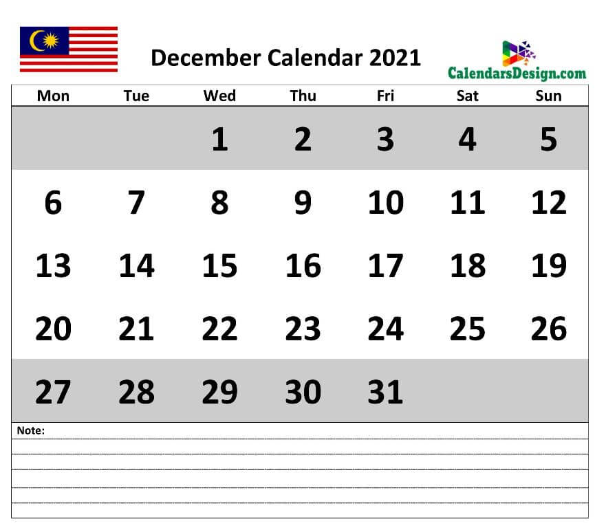 December 2021 Calendar Malaysia with Notes
