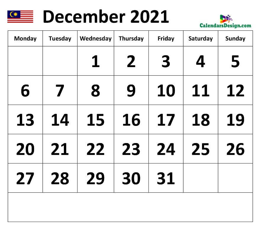 December Calendar 2021 Malaysia with Holidays