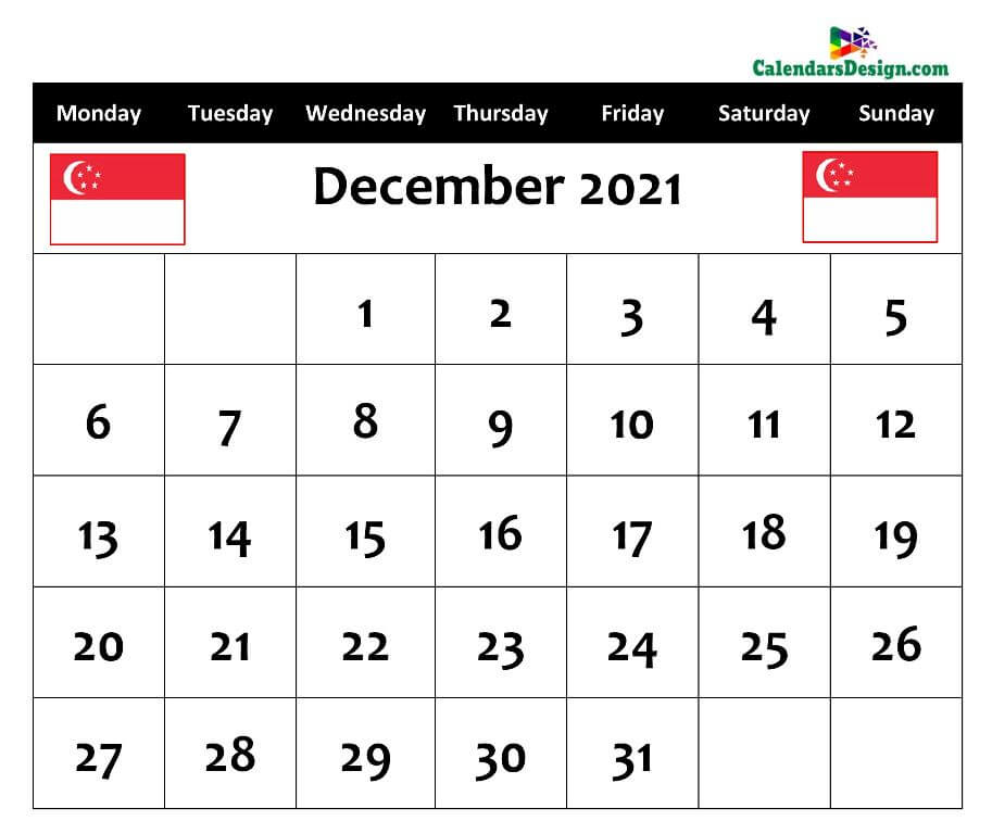 December Calendar 2021 Singapore With Holidays