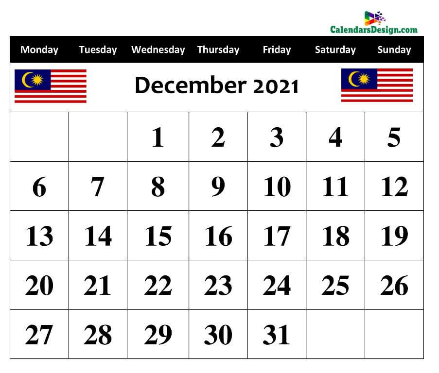 December Malaysia Calendar 2021