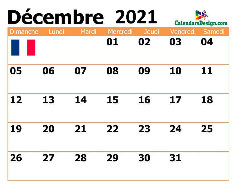 Modèle de calendrier français pour décembre 2021
