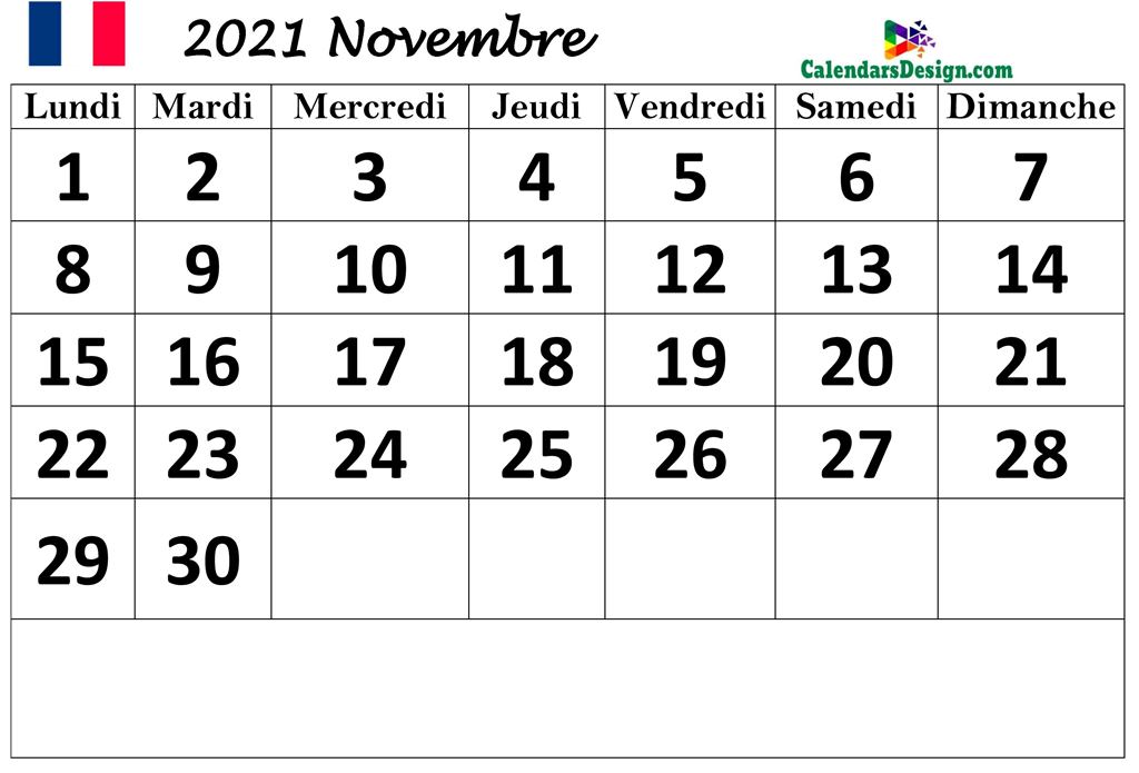 Modèle de calendrier français pour novembre 2021