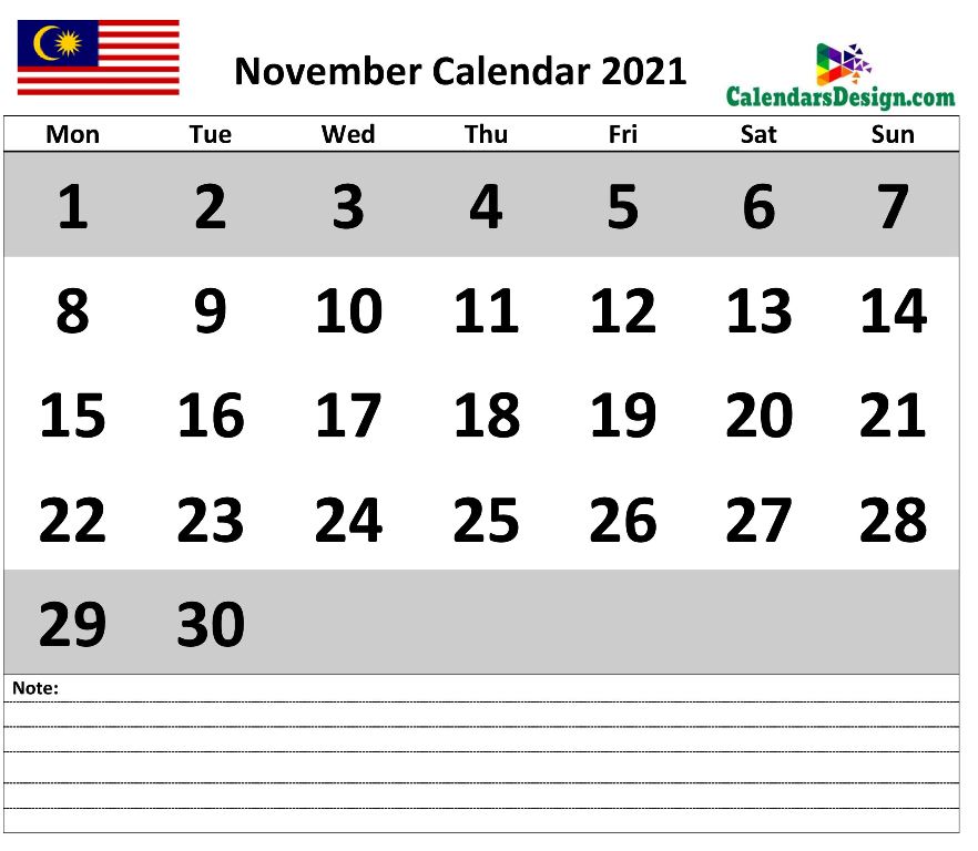 November 2021 Calendar Malaysia with Notes