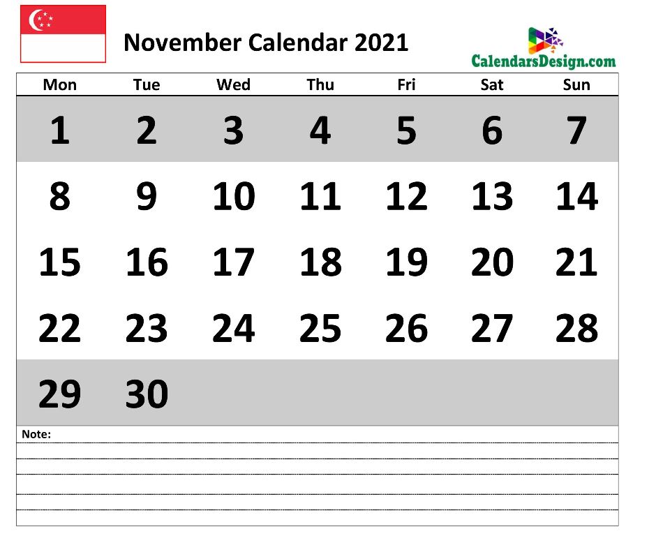 November 2021 Calendar Singapore with Notes