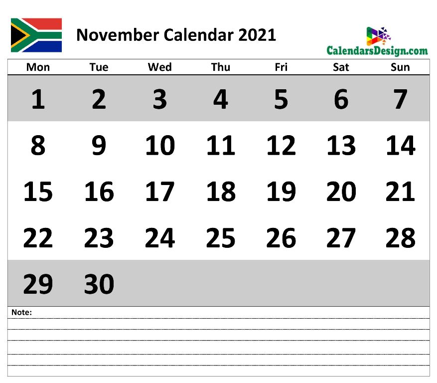 November 2021 Calendar South Africa with Notes