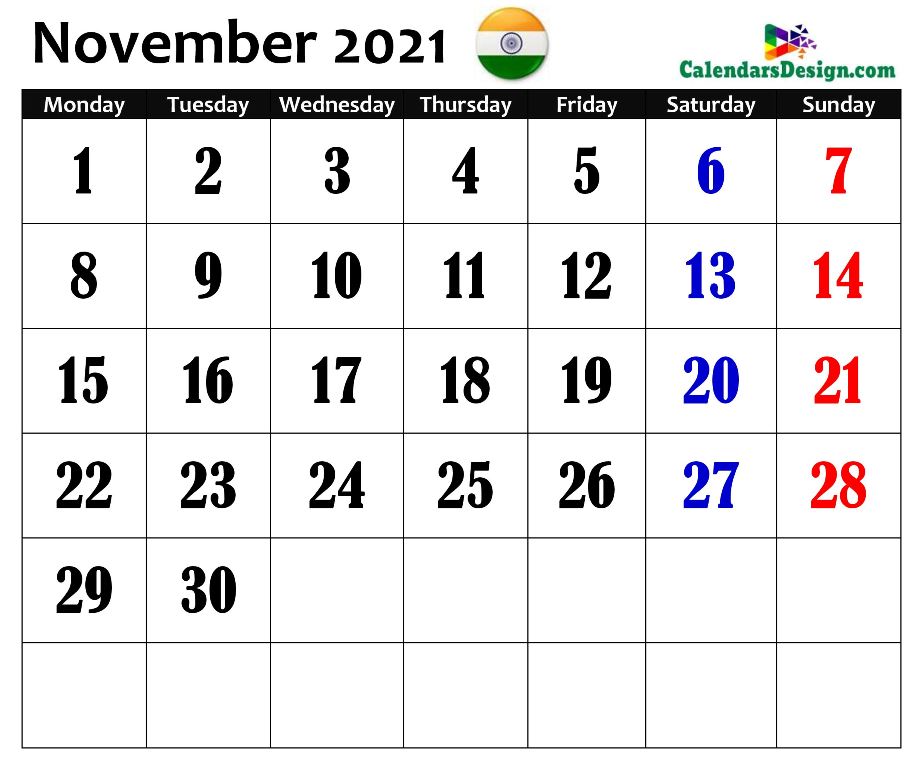 November 2021 Indian Calendar
