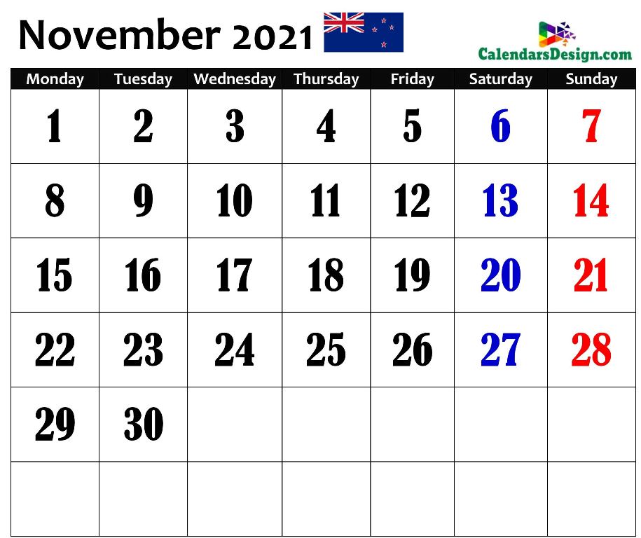 November 2021 New zealand Calendar