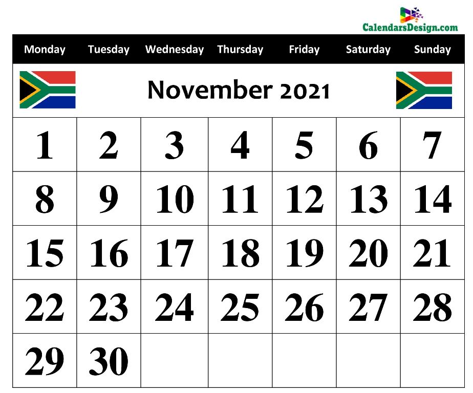 November Calendar 2021 South Africa with Holidays