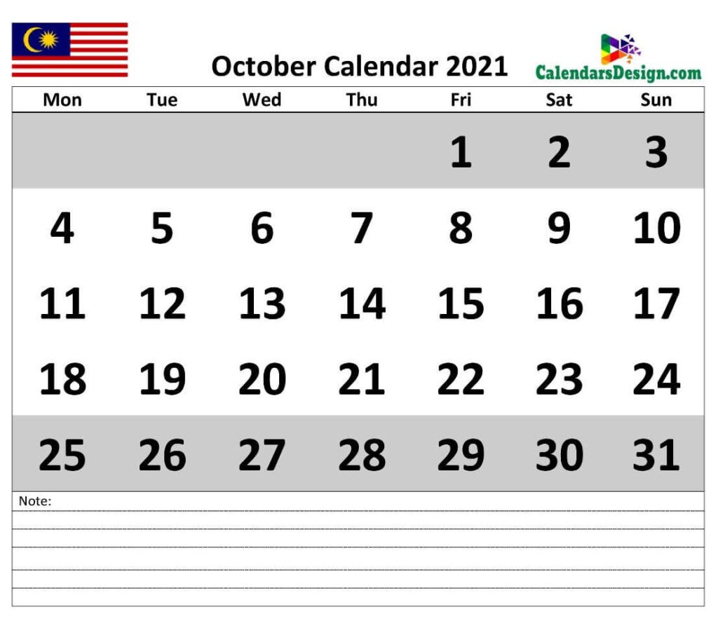 October 2021 Calendar Malaysia with Notes
