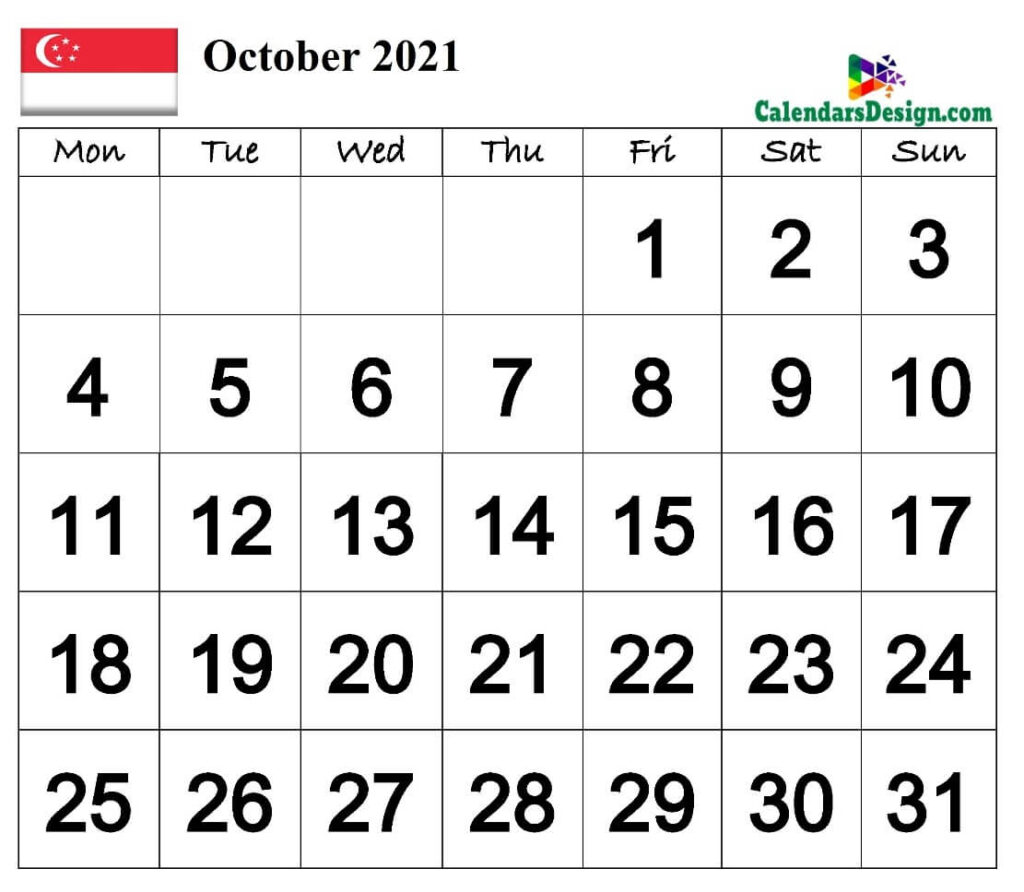 October Calendar 2021 Singapore