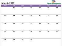 Printable Calendar for March 2022 Word