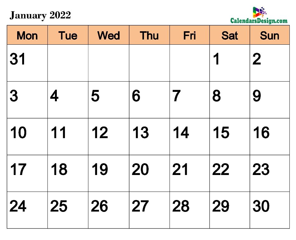 2022 January calendar template