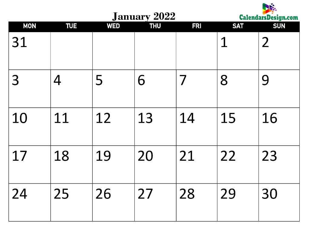 Blank January Calendar 2022 Template