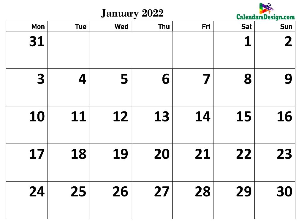 Jan 2022 calendar template