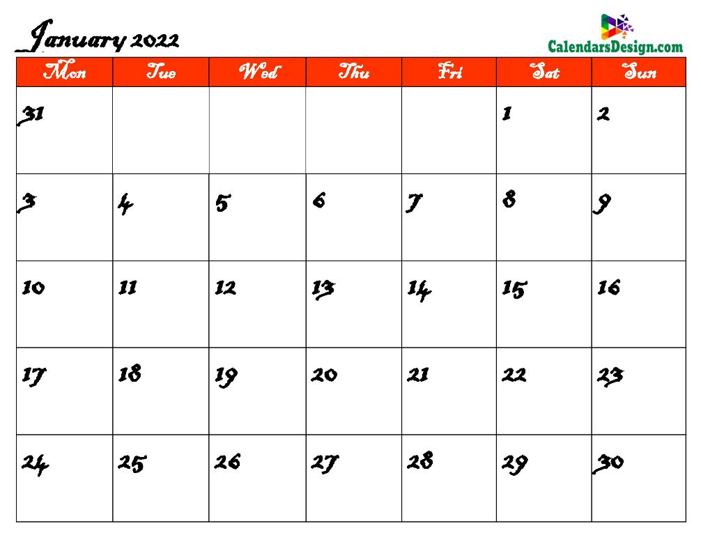Jan calendar 2022 monthly template