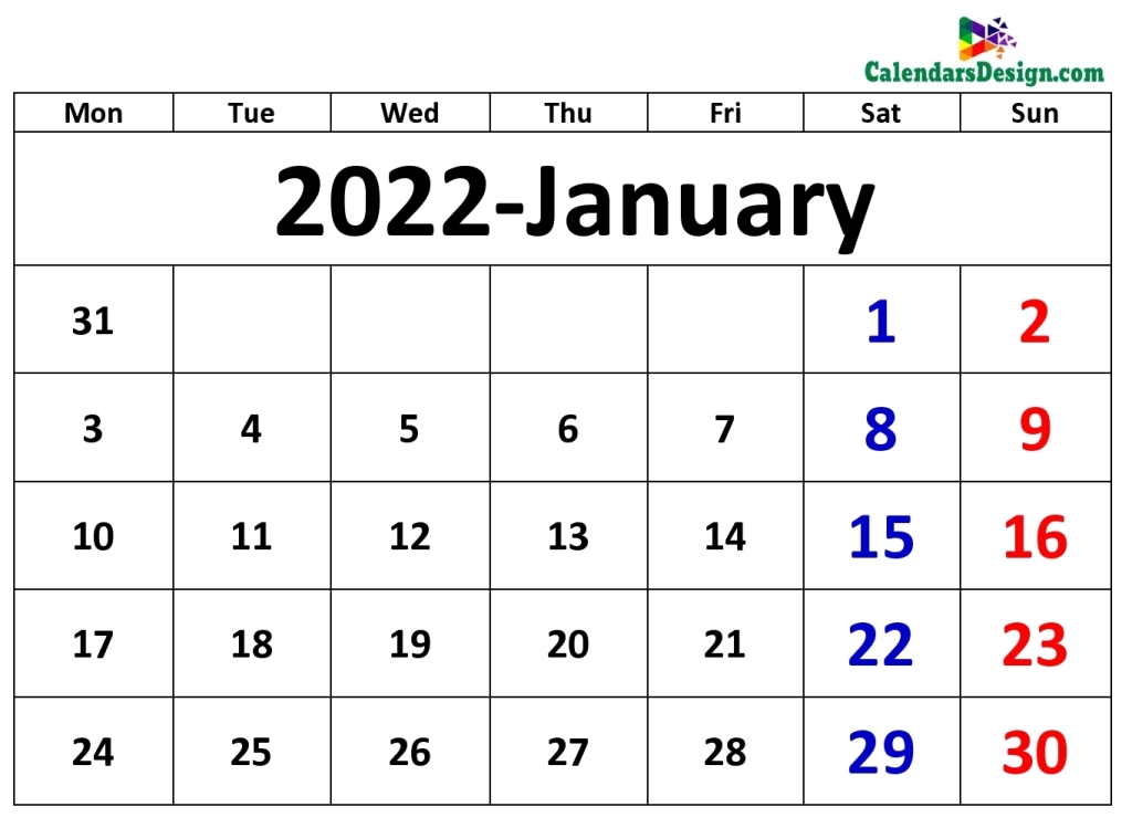 January 2022 Calendar in PDF