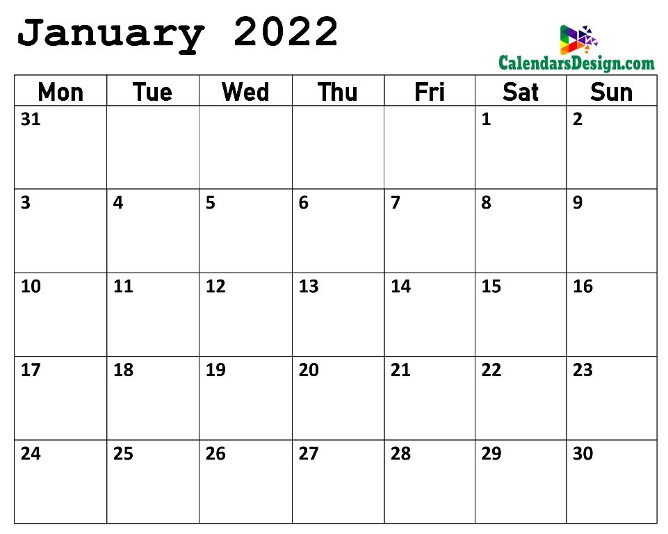 Print January 2022 Calendar in Page Format