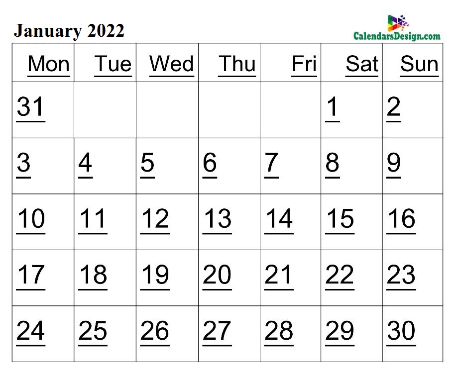 Printable Calendar for January 2022 Templates
