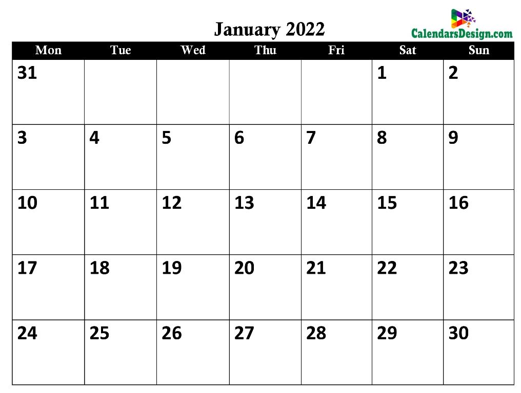 monthly January 2022 blank calendar