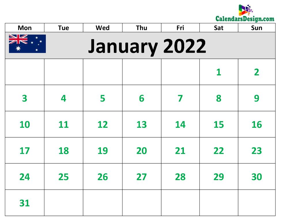 2022 January Calendar Australia