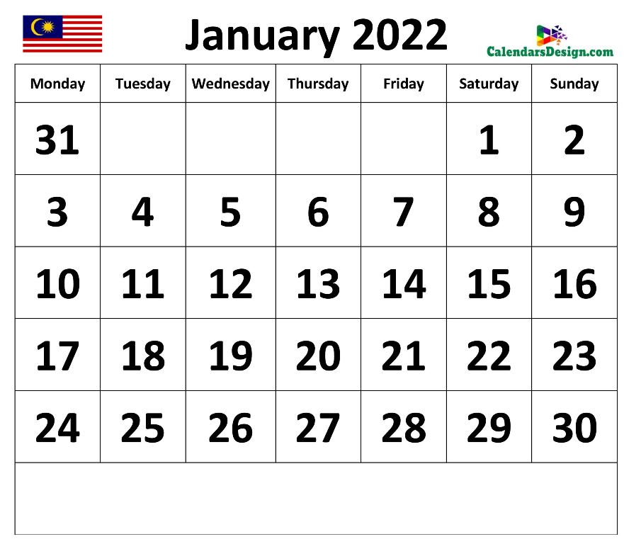 2022 January Calendar Malaysia