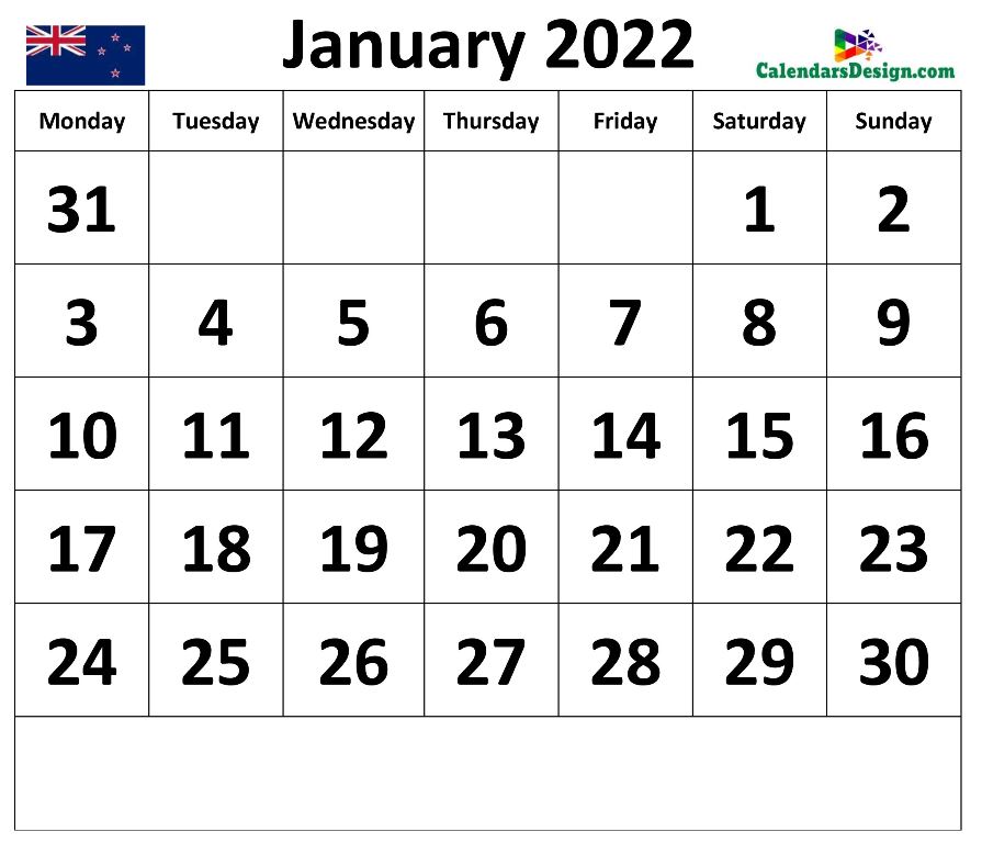 2022 January Calendar NZ