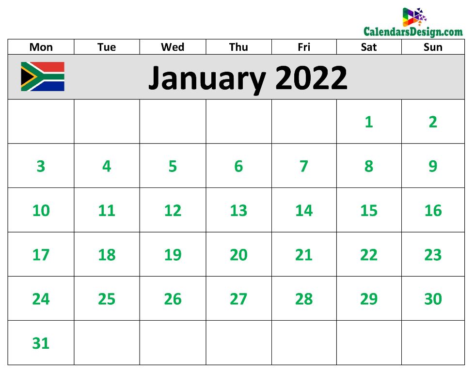 2022 January Calendar South Africa
