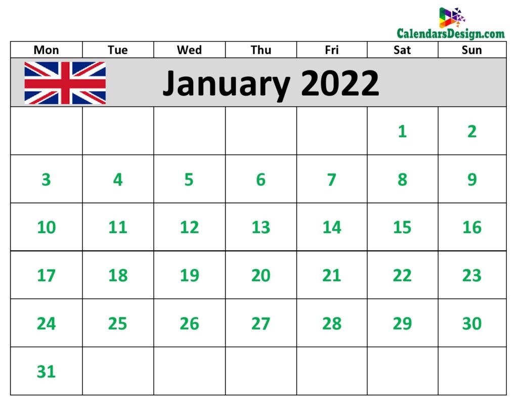 2022 January Calendar UK