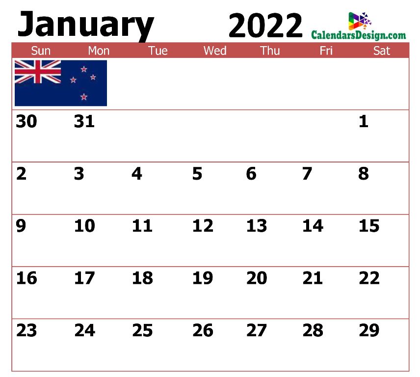 2022 January NZ Calendar