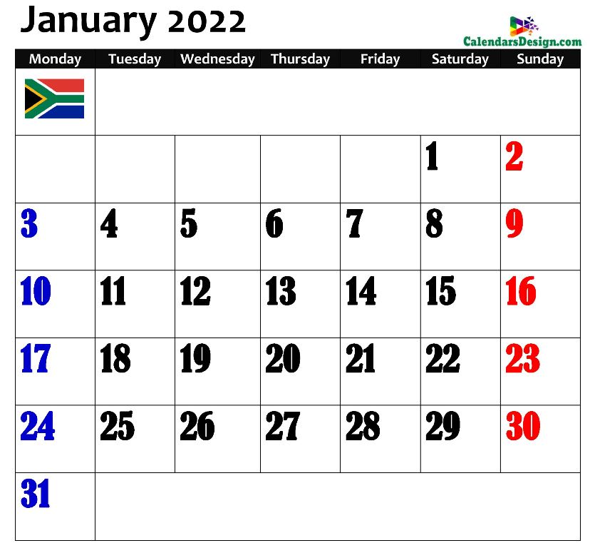 2022 January South Africa Calendar