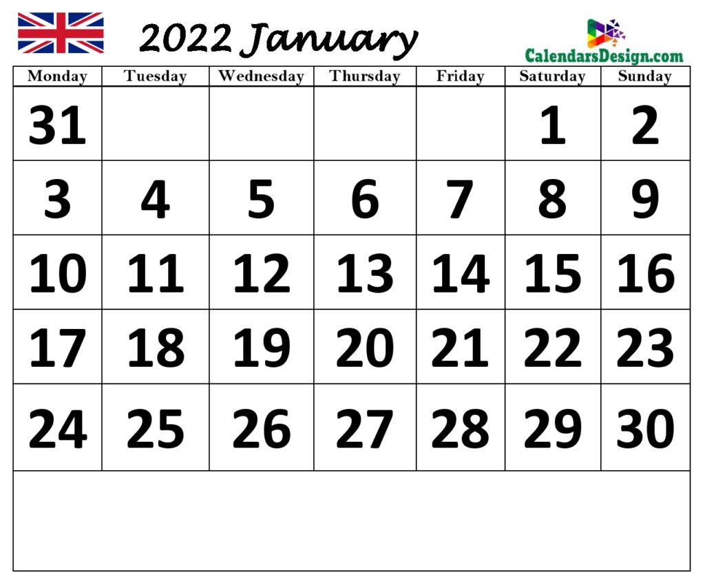 2022 January UK Calendar