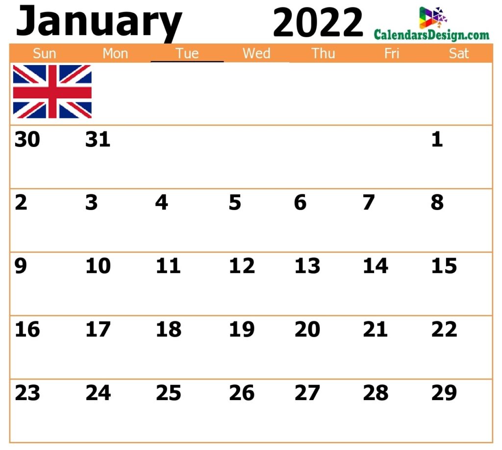 Blank January 2022 Calendar UK